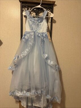 Light Blue Floral Appliqué Tulle Dress for Girls